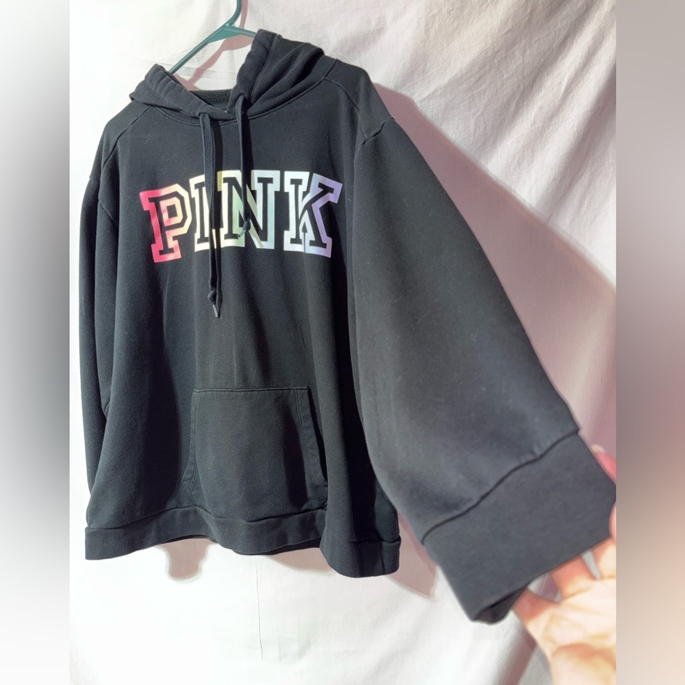 Victoria’s Secret PINK Black Hoodie Pullover Oversized Logo Cozy Sweatshirt - Picture 4 of 10